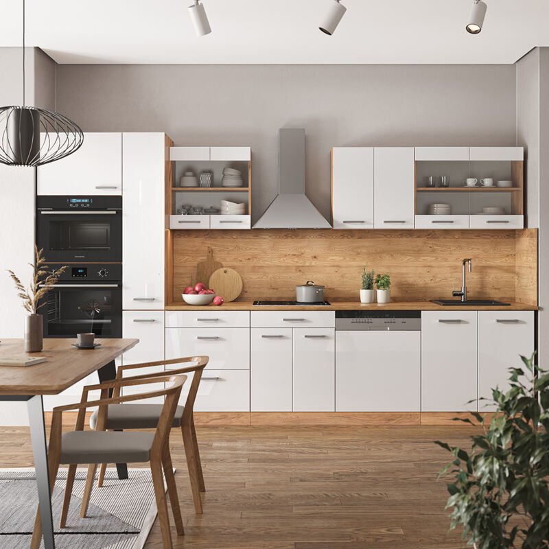 Vicco - Küchenzeile R-Line, Weiß Hochglanz/Goldkraft Eiche, 350 cm mit Hochschrank, ohne Arbeitsplatte