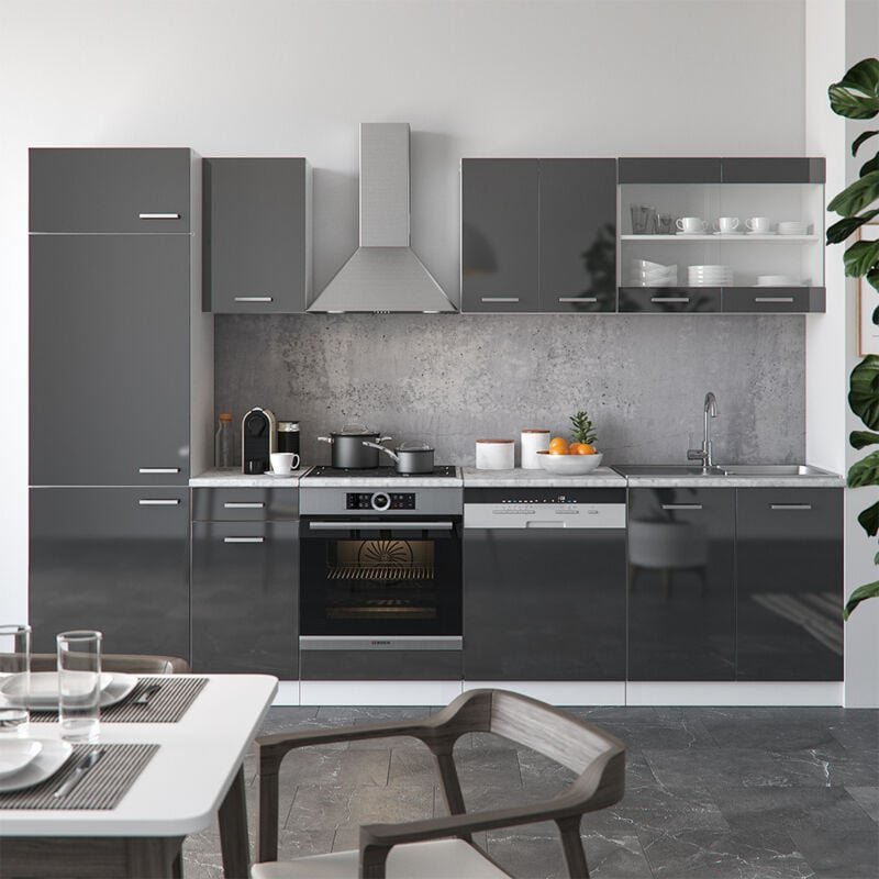 Vicco - Küchenzeile R-Line, Anthrazit Hochglanz/Weiß, 300 cm ohne Arbeitsplatte