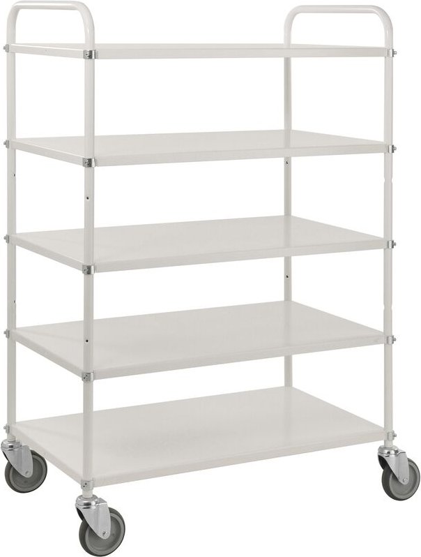 Kongamek Etagenwagen mit 5 Böden 900x440mm pulverbeschichtet in weiß 24mm Rand ohne Bremse