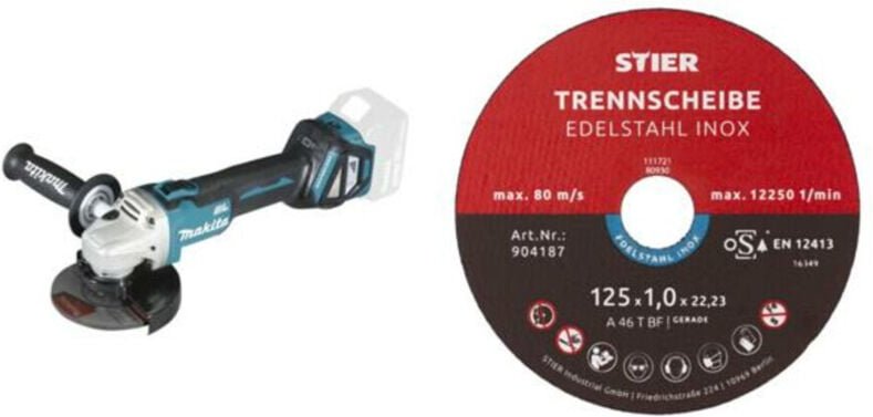 Akku-Winkelschleifer DGA511Z, Solo-Version + Edelstahl-Trennscheibe 125 x 1,0 x 22,23 mm, Form gerade - Makita