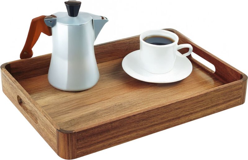 Relaxdays Serviertablett Akazienholz & MDF, HxBxT: 5 x 38,5 x 28,5 cm, Essenstablett mit Griffen, hoher Rand, natur