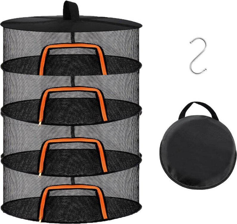 Relaxdays Trockennetz faltbar, Dörrnetz 4 Ebenen für Kräuter, Obst, Gemüse, Fischtrockner zum Aufhängen, orange/schwarz