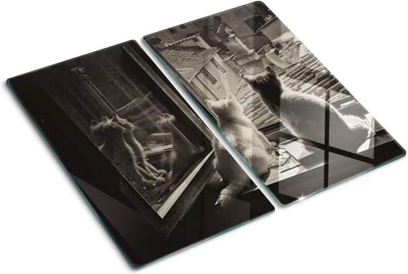 Glasschneideplatten - Schneidebrett aus Glas - Herdabdeckplatten - Gehärtetes Glas – 2x30x52 cm (2er Set) - Katzen im Fe...