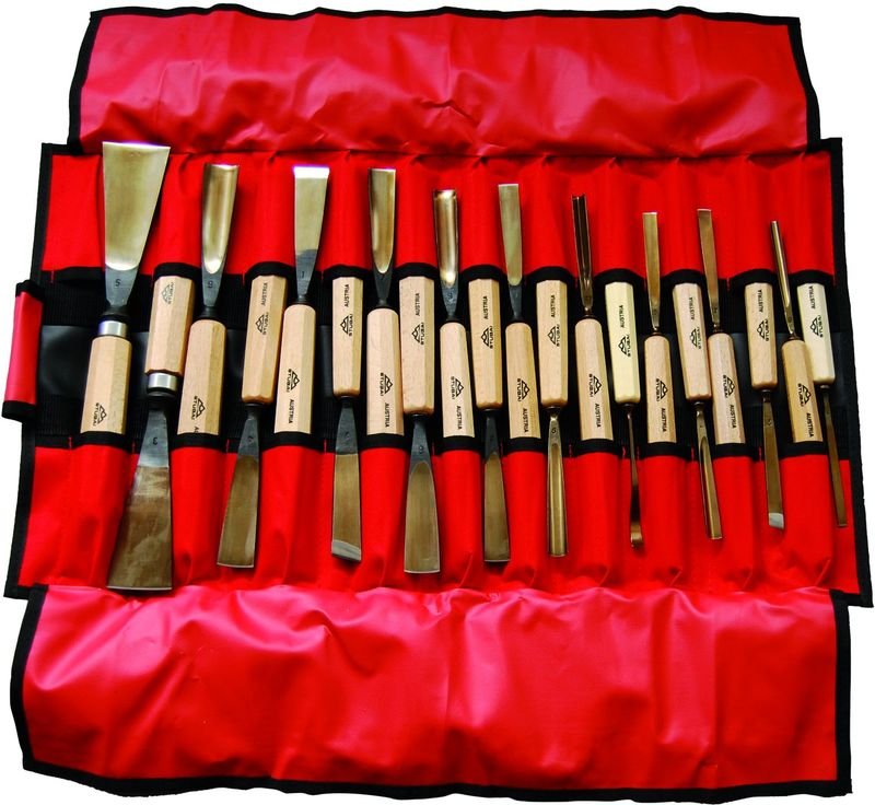 STUBAI Bildhauer-Stechbeitel-Profi-Satz mit Holzheft in Rolltasche 20-teilig