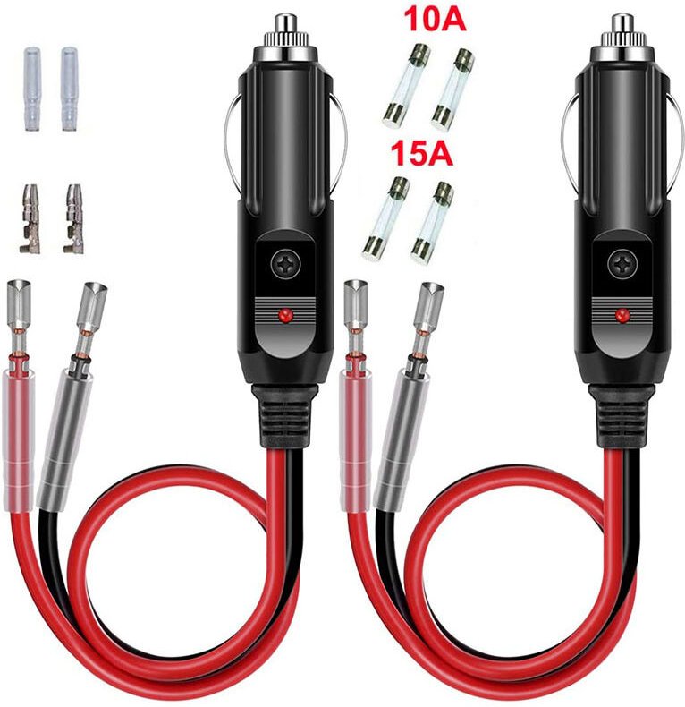 2er-Pack 12V/24V-Stecker-Zigarettenanzünder-Adapter, 10 cm 16AWG-Verlängerungskabel mit roter LED-Anzeige und 10A/15A-Er...