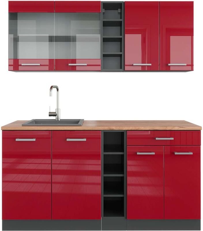 Vicco - Singleküche R-Line, Bordeaux Hochglanz/Anthrazit, 160 cm , ap Eiche