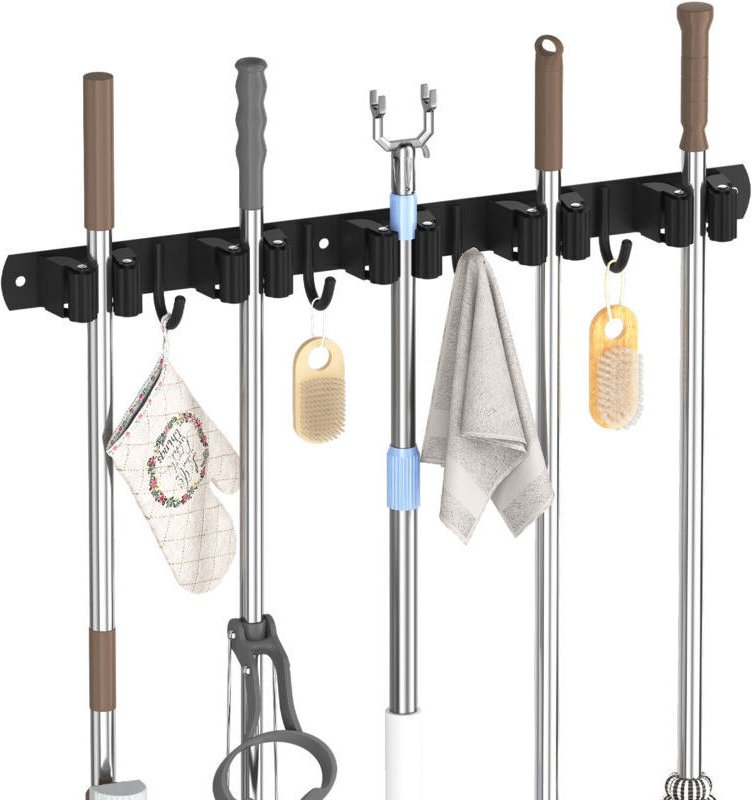 Besenhalter Wandmontierter Mopphalter mit Haken mit 5 Schlitzen und 4 Haken
