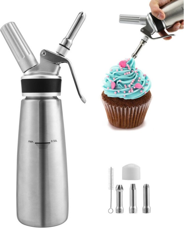 Sahnespender Soßen Edelstahl mit 3 Düsen Sahnebereiter Schlagsahne Sahne 0.5L