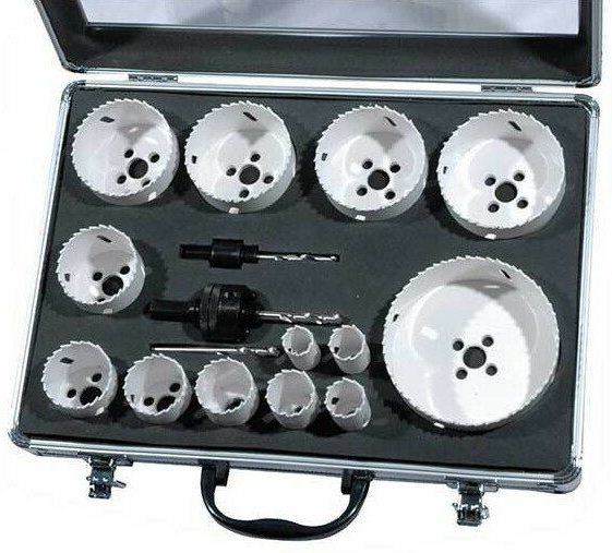 Box von 13 Bi-Metall-Bohrköpfen Ø16 bis 102 + 2 Bohrfutter + 3 Bohrer - Leman