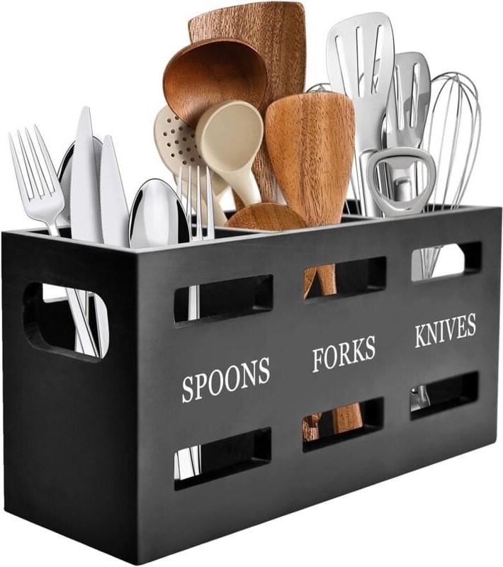 Küchenutensilienhalter, 3 Fächer, Besteckhalter aus Holz, Utensilien-Organizer für die Arbeitsplatte, große Aufbewahrung...