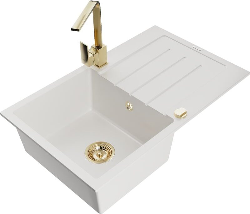 Bruno 1 Becken-Granitspüle mit Abtropffläche und Mischbatterie Rita, Weiß - 6513-20-670300-50 - Mexen