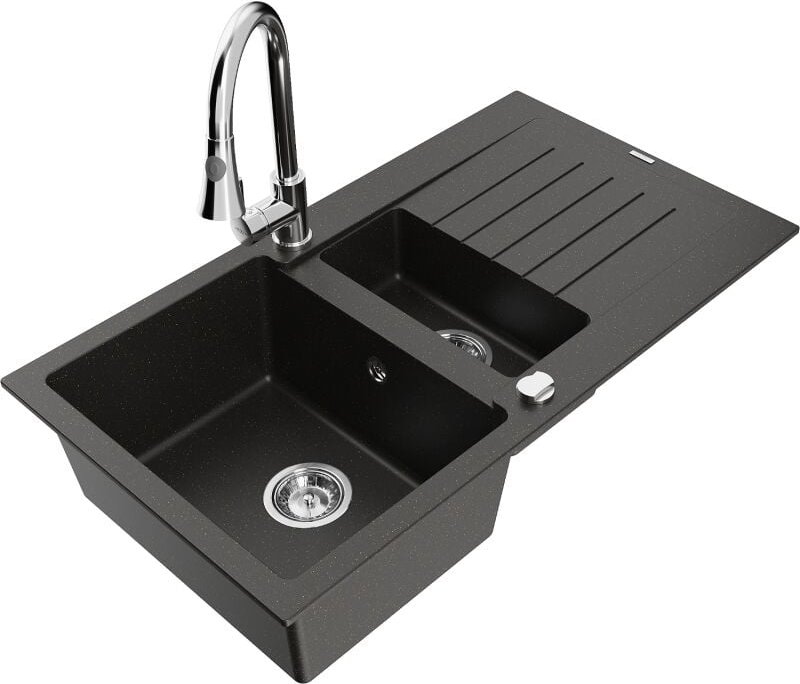 Matias 1,5-Becken-Granitspüle mit Abtropffl√§che und Mischbatterie Elia, Schwarz/Gold metallisch - 6502-75-670101-00 - M...