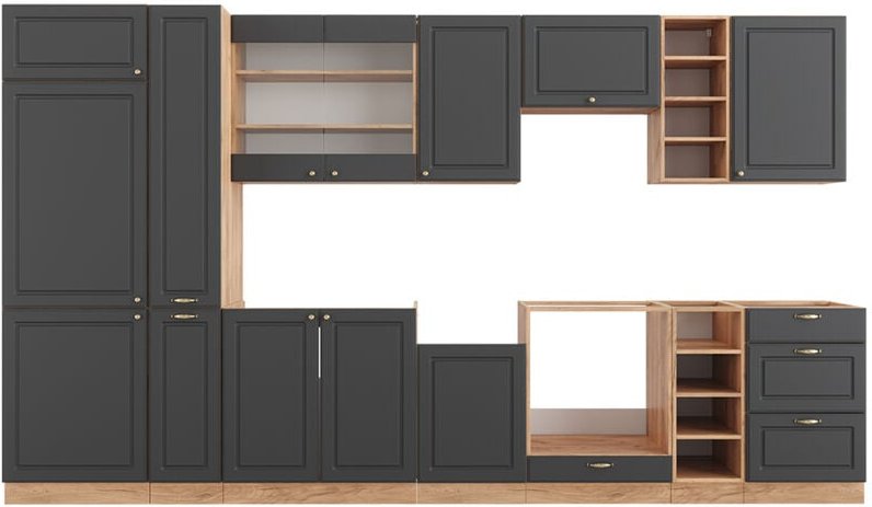 Vicco - Küchenzeile Fame-Line, Anthrazit Landhaus/Goldkraft Eiche, 355 cm ohne Arbeitsplatte