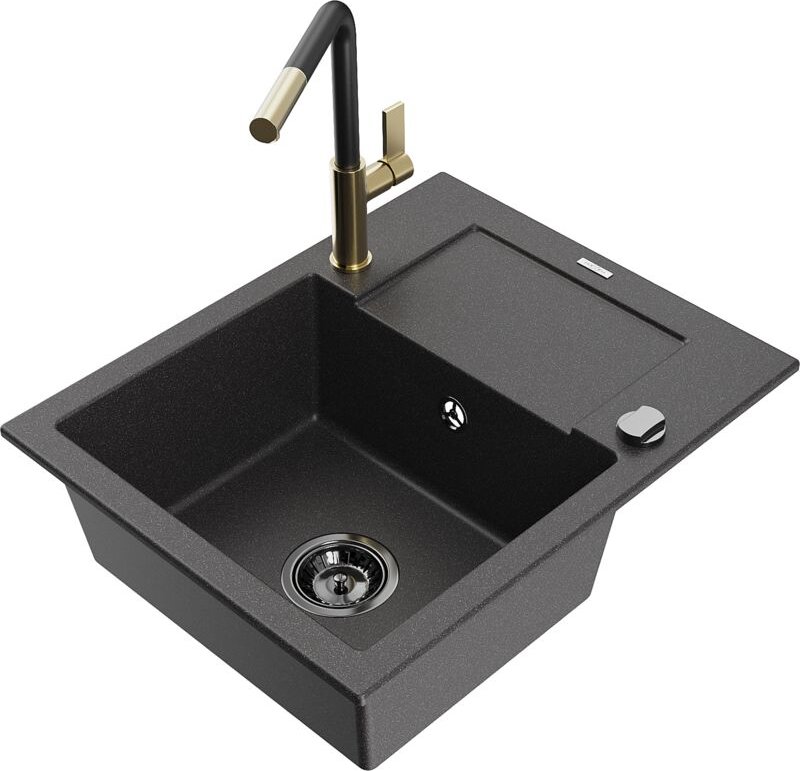 Enzo 1 Becken-Granitspüle mit Abtropffläche und Mischbatterie Flora, Schwarz gesprenkelt - 650 - Mexen