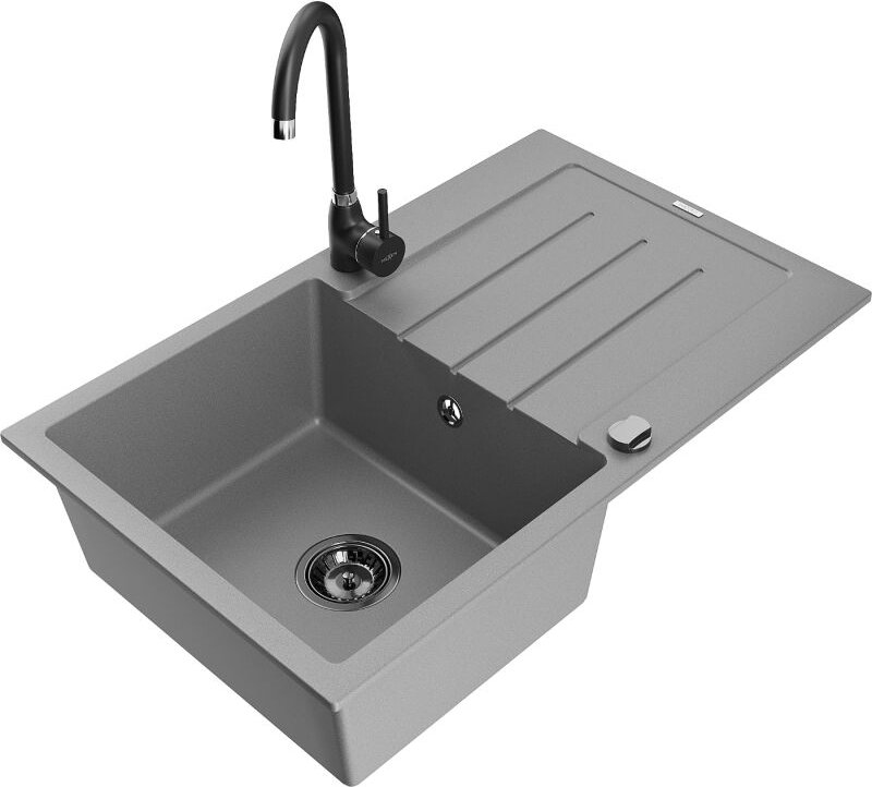 Bruno 1 Becken-Granitspüle mit Abtropffl√§che und Mischbatterie Telma, Grau - 6513-71-670200-70-B - Mexen