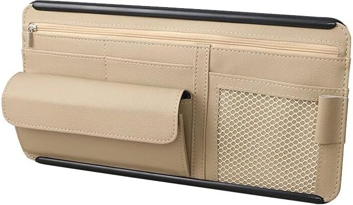 Memkey - PU-Leder-Auto-Sonnenblenden-Organizer für Karten, Brillen, mehrere Taschen (beige)