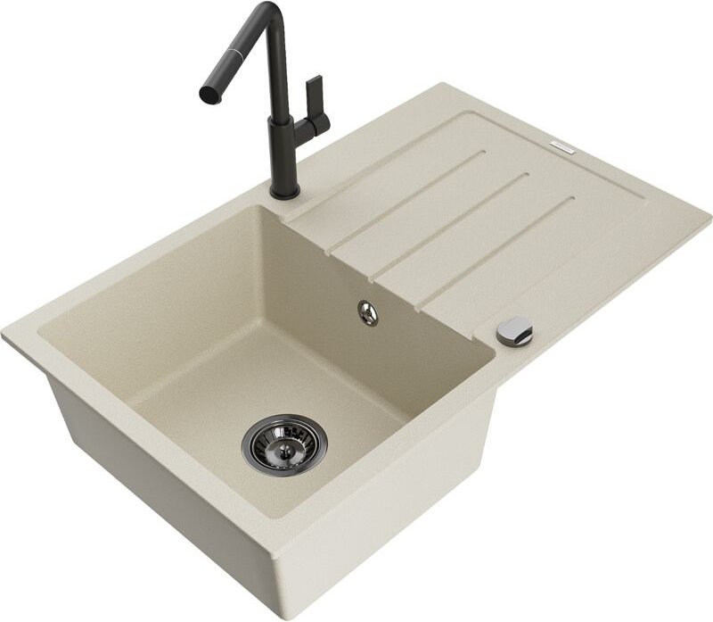 Bruno 1 Becken-Granitspüle mit Abtropffläche und Mischbatterie Flora, Beige - 6513-69-670401-7 - Mexen