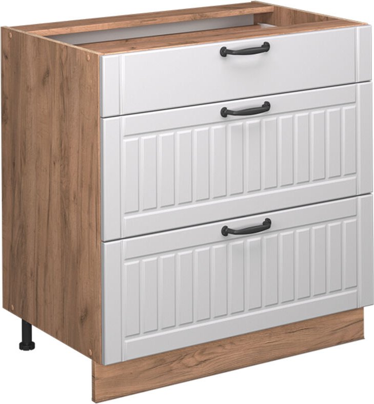 Küchenunterschrank Fame-Line, Weiß Landhaus, 80 cm mit 3 Schubladen, AP Anthrazit, Vicco