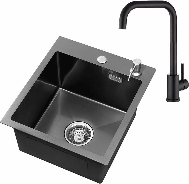 Cecipa - Spüle 1 Becken 40 x 45 cm + Schwarze Küchenarmatur Einbau- oder Aufsatzmontage ab 40cm Unterschrank, mit Siphon...