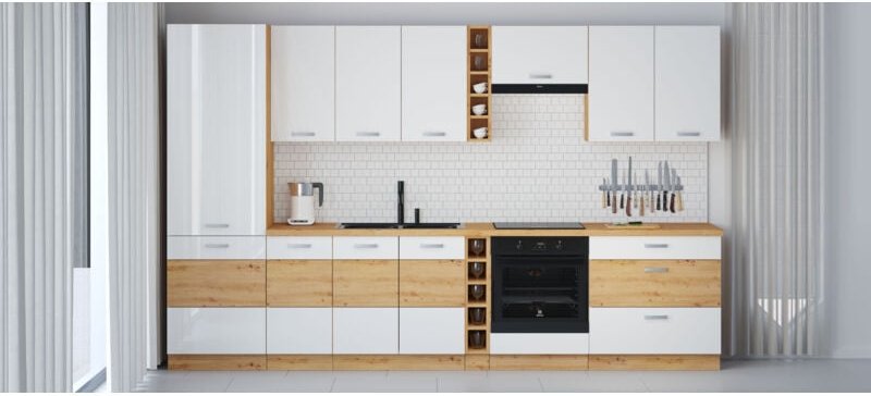 Küchenmöbel-Set Tornos 335 cm mit Hängeschränken Artisan-Eiche Weiß glänzend - Furnix