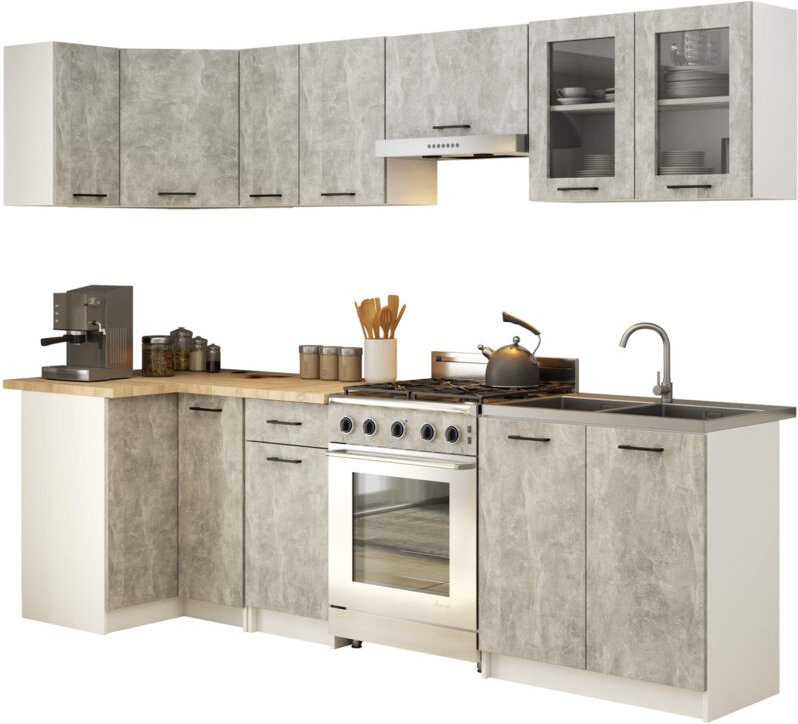 Küchenmöbel-Set OLIWIA 3.0m Modulares Weiß 300 cm 11 Türen 1 Schublade Front Beton B300xH203xT46 cm