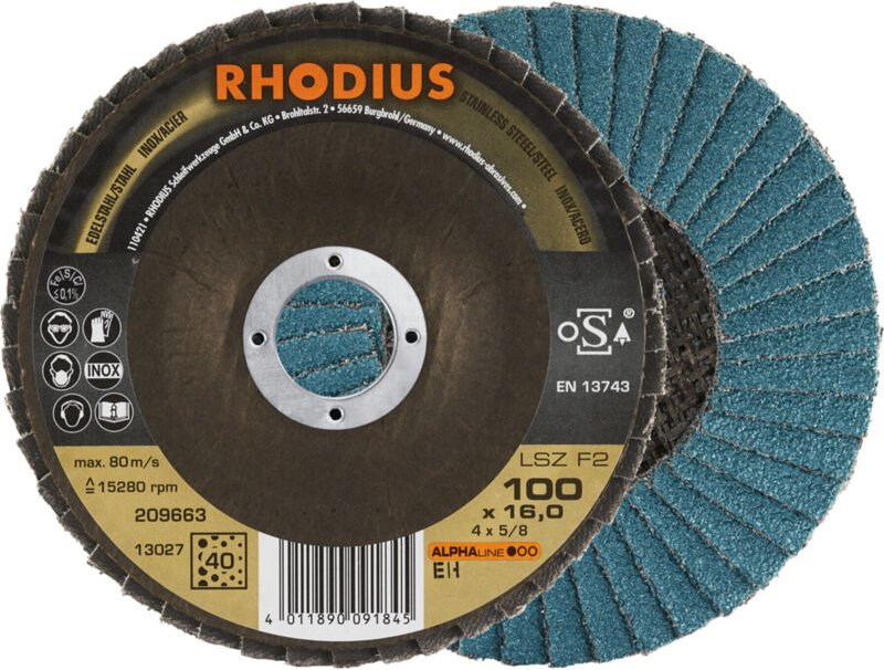 RHODIUS ALPHAline LSZ F2 Fächerschleifscheibe 100 x 16,00 mm K40 10 Stk