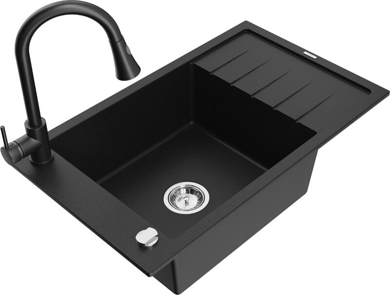 Elias 1 Becken-Granitspüle mit Abtropffläche und Mischbatterie Elia, Schwarz - 6511-77-670101- - Mexen