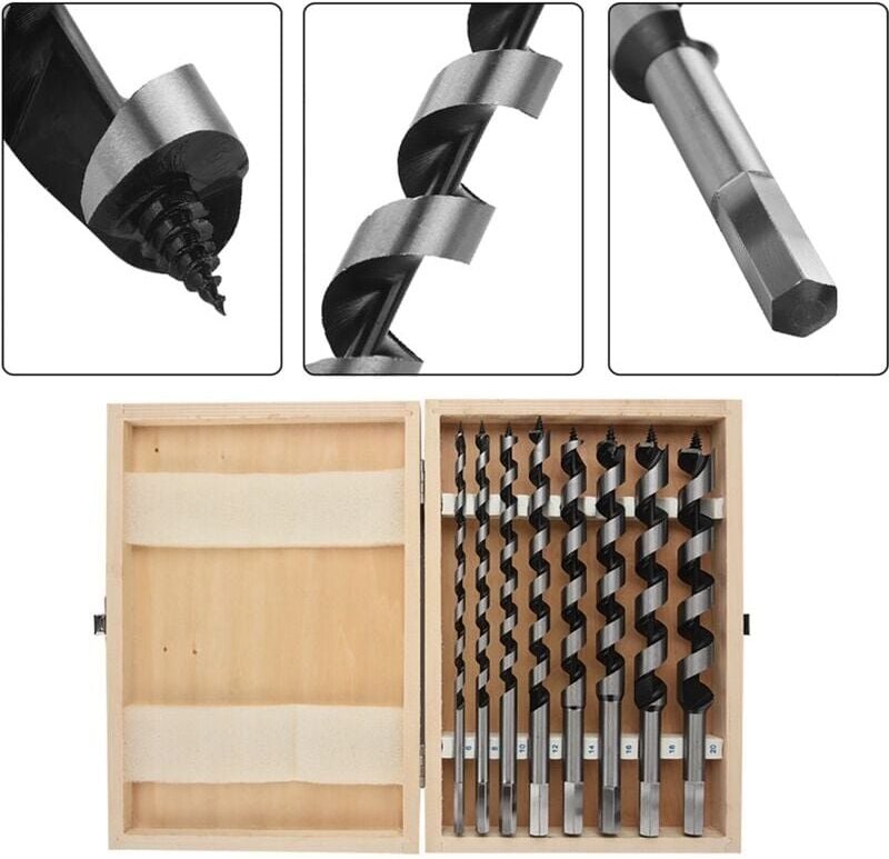 Thumbnail - 8-teiliges Sechskant-Hebelbohrer-Set mit Holzkoffer, 230 mm Holzbohrer-Set, Spirallochschneider aus Kohlenstoffstahl, Ho...