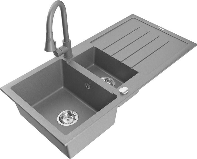 Andres 1,5-Becken-Granitspüle mit Abtropffläche und Mischbatterie Elia, Grau - 6515-71-670101- - Mexen