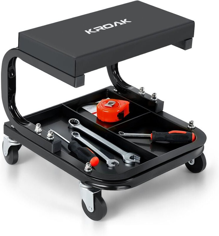 Mobiler Werkstatthocker 35 x 36 x 35 cm, belastbar bis 120 kg, Mechanikerhocker auf Rollen mit Werkzeugablage