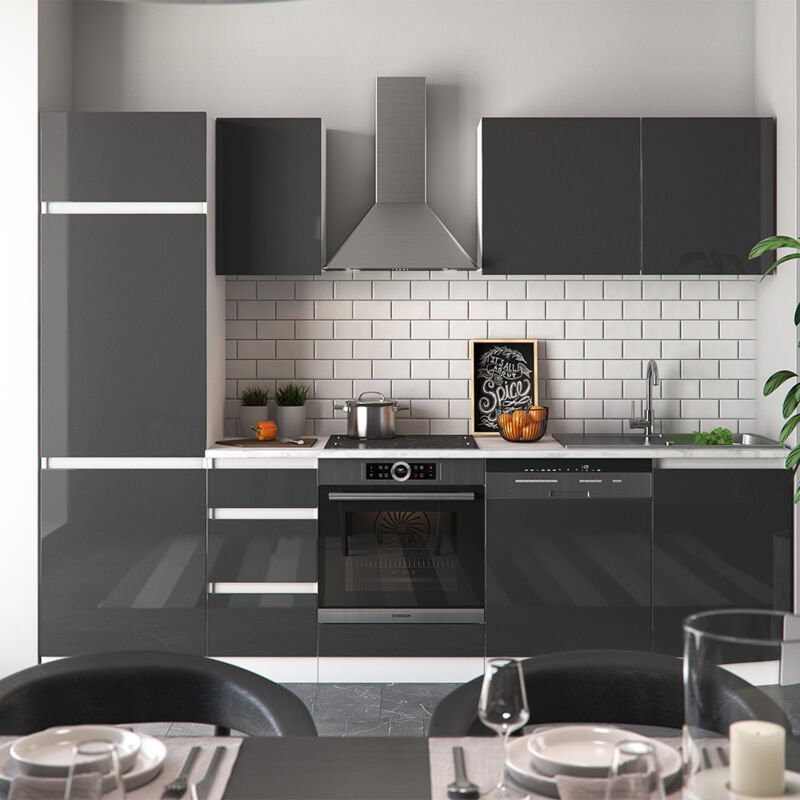 Vicco - Küchenzeile Optima, Anthrazit Hochglanz, 270 cm ohne Arbeitsplatte, grifflos mit LED-Leisten