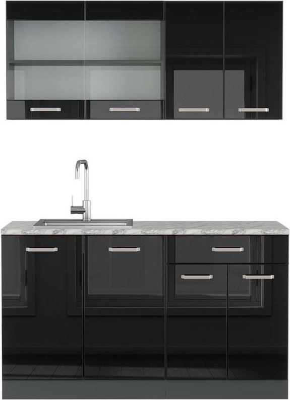 Vicco - Singleküche R-Line, Schwarz Hochglanz/Anthrazit, 140 cm , ap Marmor