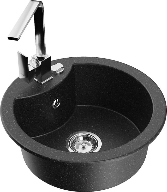 Mexen Diego 1-Becken-Granit-Spüle mit Mischbatterie Rita, Schwarz/Silbermetallic - 6512-73-670300-00