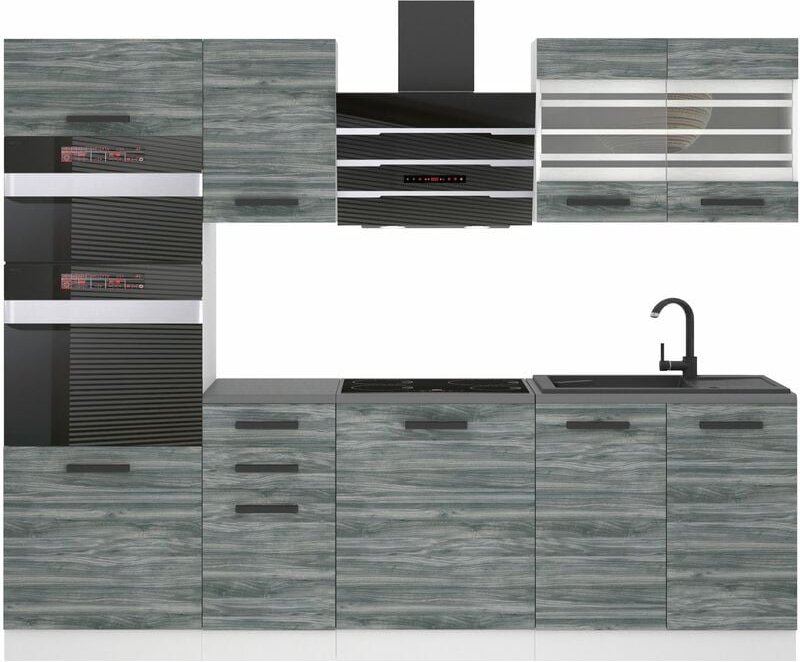 Thumbnail - Küchenzeile Küchenblock Tracy - Küchenmöbel 240 cm Einbauküche Vollausstattung ohne Elektrogeräten mit Hängeschränke und...