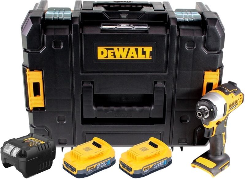 DeWalt DCF 809 E2T Akku Schlagschrauber 18 V 190 Nm 1/4" Brushless + 2x Powerstack Akku 1,7 Ah + Ladegerät + TSTAK