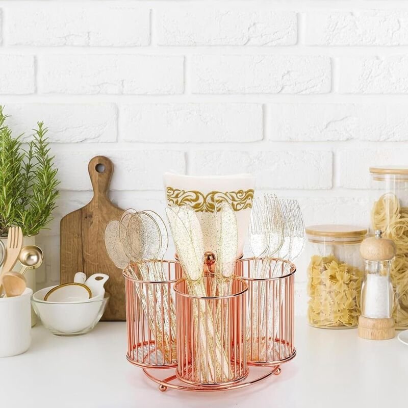 Rotierender Utensilienhalter, drehbarer Stifthalter aus Metall, 4 Fächer, Besteck-Organizer für Löffel auf der Küchenarb...