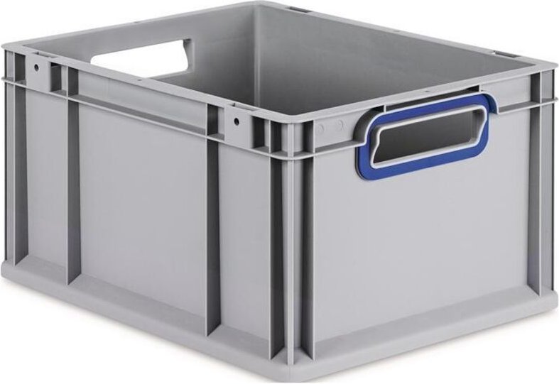 Transportstapelbehälter L400xB300xH220mm grau pp offener Griff blau Seitenwände geschlossen