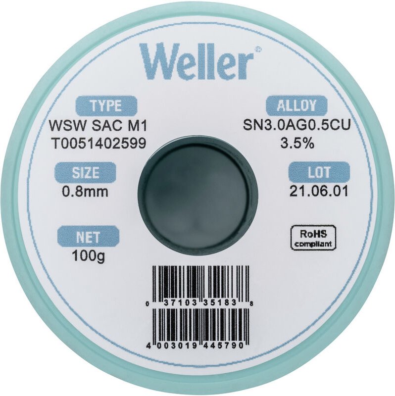 Weller - T0051402599 Lötzinn, bleifrei Spule, bleifrei Sn3,0Ag0,5Cu 100 g 0.8 mm