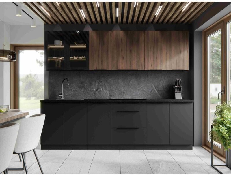Kuchenmöbel set Iconica und Linares 260 Küchenzeile Braun und Schwarz - Furnix