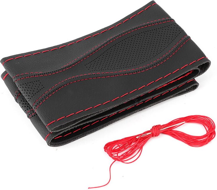 Thumbnail - 38 cm/15 Zoll Leder-Lenkrad-Wrap-Abdeckung, Handnaht, Prgung mit Nadel und Faden, Universal, Schwarz, Rot