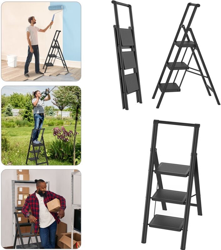 3 Stufen Klappbar Trittleiter Leiter Tritthocker Klapptrittleiter mit breitem rutschfeste Pedal und Handlauf Multifunkti...