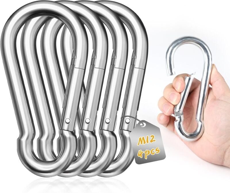 Hochleistungskarabiner, 4 Stück M12 140 mm x φ12 mm Karabiner aus 304 Edelstahl, großer Karabiner aus Edelstahl mit 550 ...
