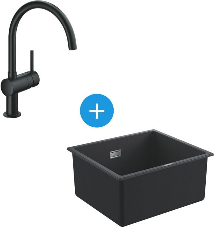 Thumbnail - Grohe Kit Spüle Quartz Schwarz Granit K700 417 x 366mm + Minta Schwarz Schwanenhals Mischbatterie 360° drehbar (31653AP...
