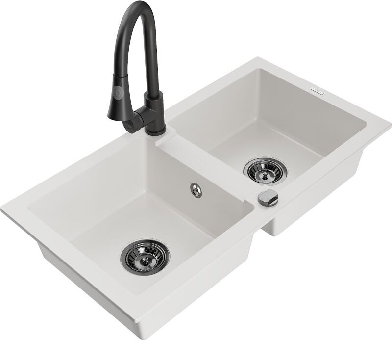 Mario 2-Becken-Granitspüle mit Mischbatterie Elia, Wei√ü - 6504-20-670101-70 - Mexen