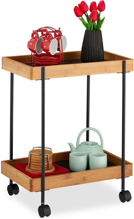Servierwagen, Teewagen mit 2 Etagen, Bambus & Eisen, Beistelltisch mit Rollen, 57 x 46 x 28 cm, schwarz/natur - Relaxday...