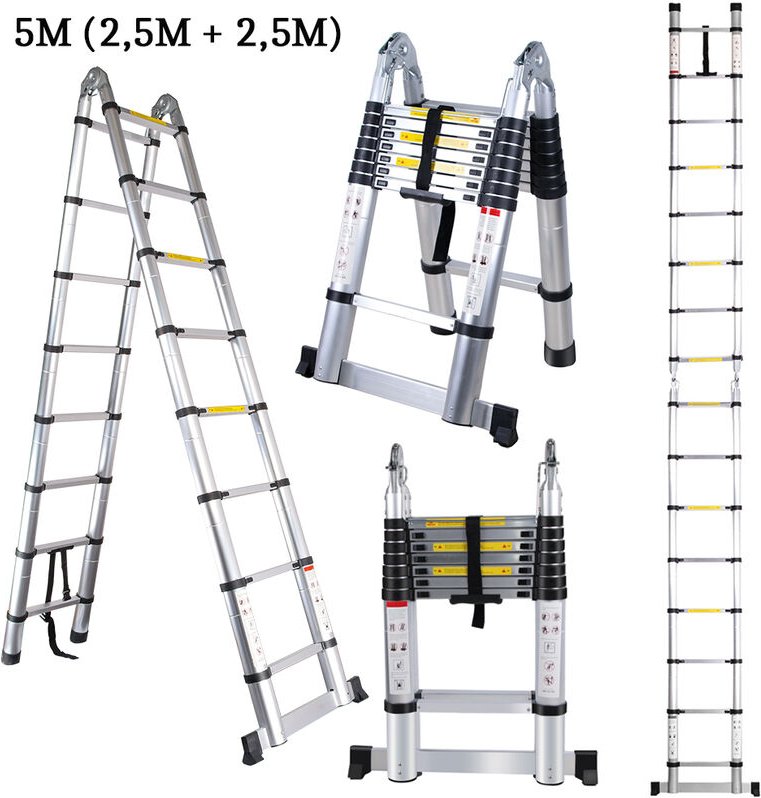 Teleskopleiter, Aluleiter Ausziehbar Klappleiter mit 16 Sprossen bis 150 kg Tragfähigkeit (5M/Silber)