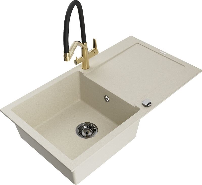 Leo 1 Becken-Granitspüle mit Abtropffl√§che und Mischbatterie Duo, Beige - 6501-69-671701-57-B - Mexen