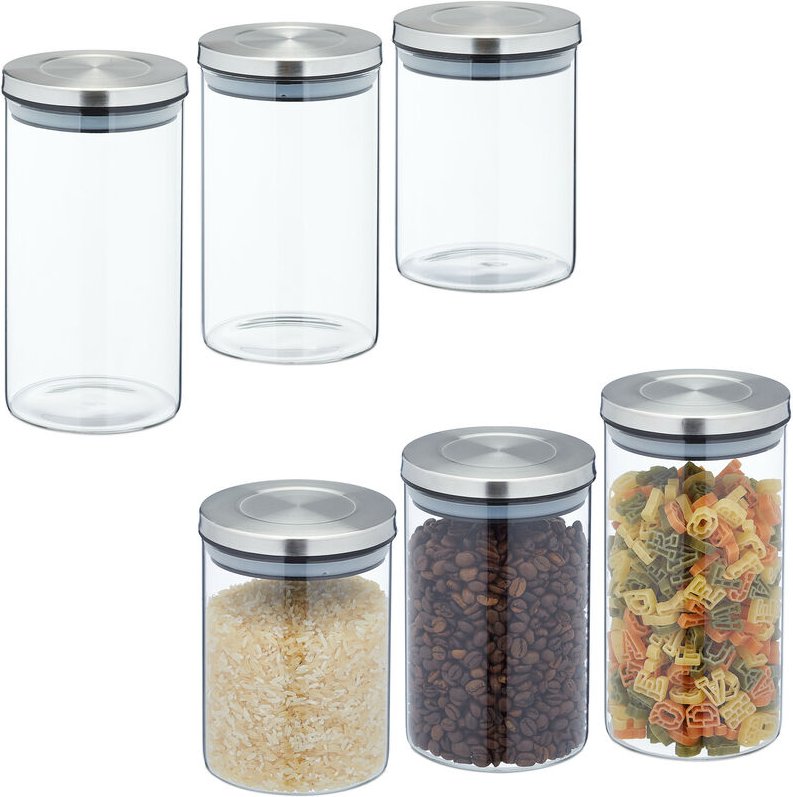 Vorratsgläser mit Edelstahldeckel, 6er Set, Vorratsdosen aus Glas, 3 Größen, luftdicht, transparent/silber - Relaxdays