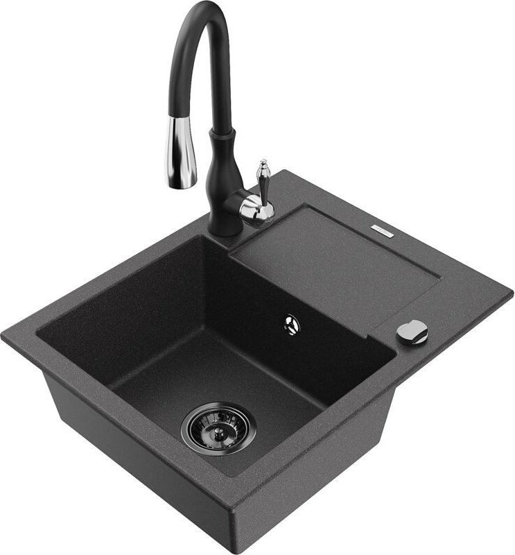 Enzo 1 Becken-Granitspüle mit Abtropffläche und Mischbatterie Savita, Schwarz gesprenkelt - 65 - Mexen