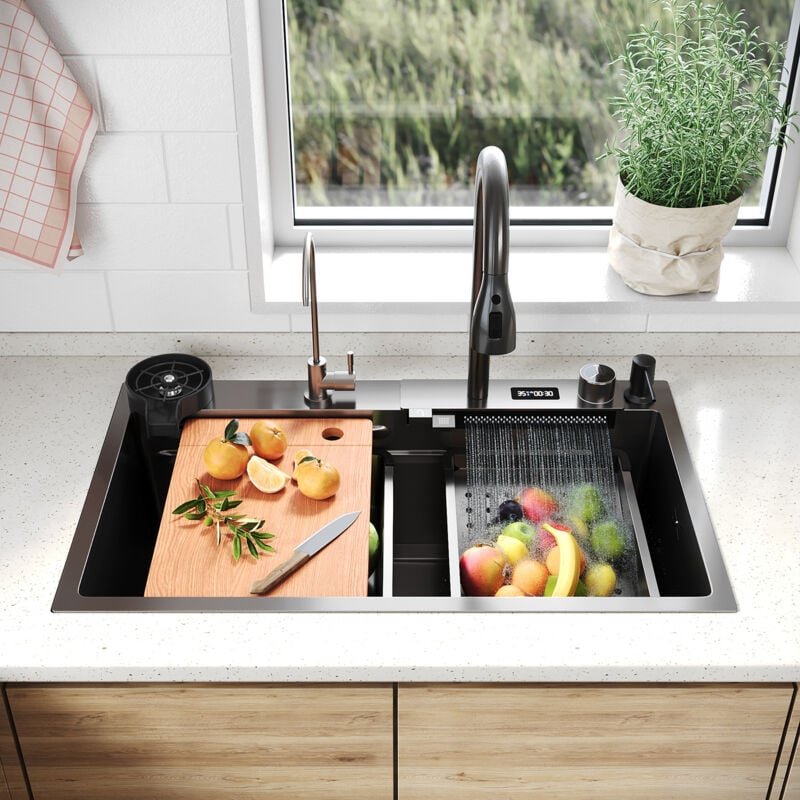 Spülen mit 1 Becken Edelstahlspüle Küchenspüle Küchenspüle Edelstahlspüle Schwarz Aufsatzwaschbecken75×45×23cm Edelstahl...